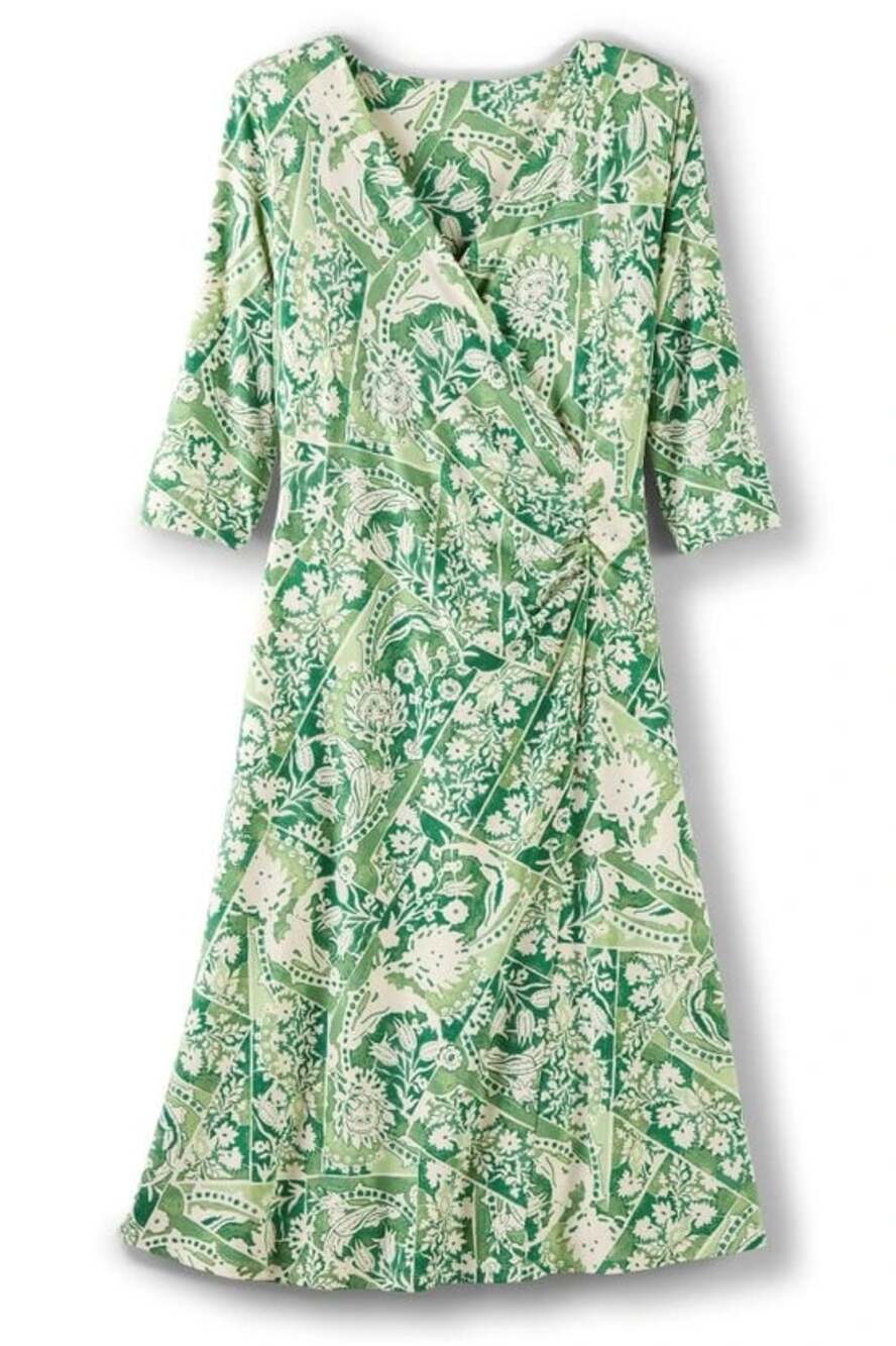 Soft Surroundings Women M Hyannis Dress Faux Wrap Knee Length Green Floral VNeck